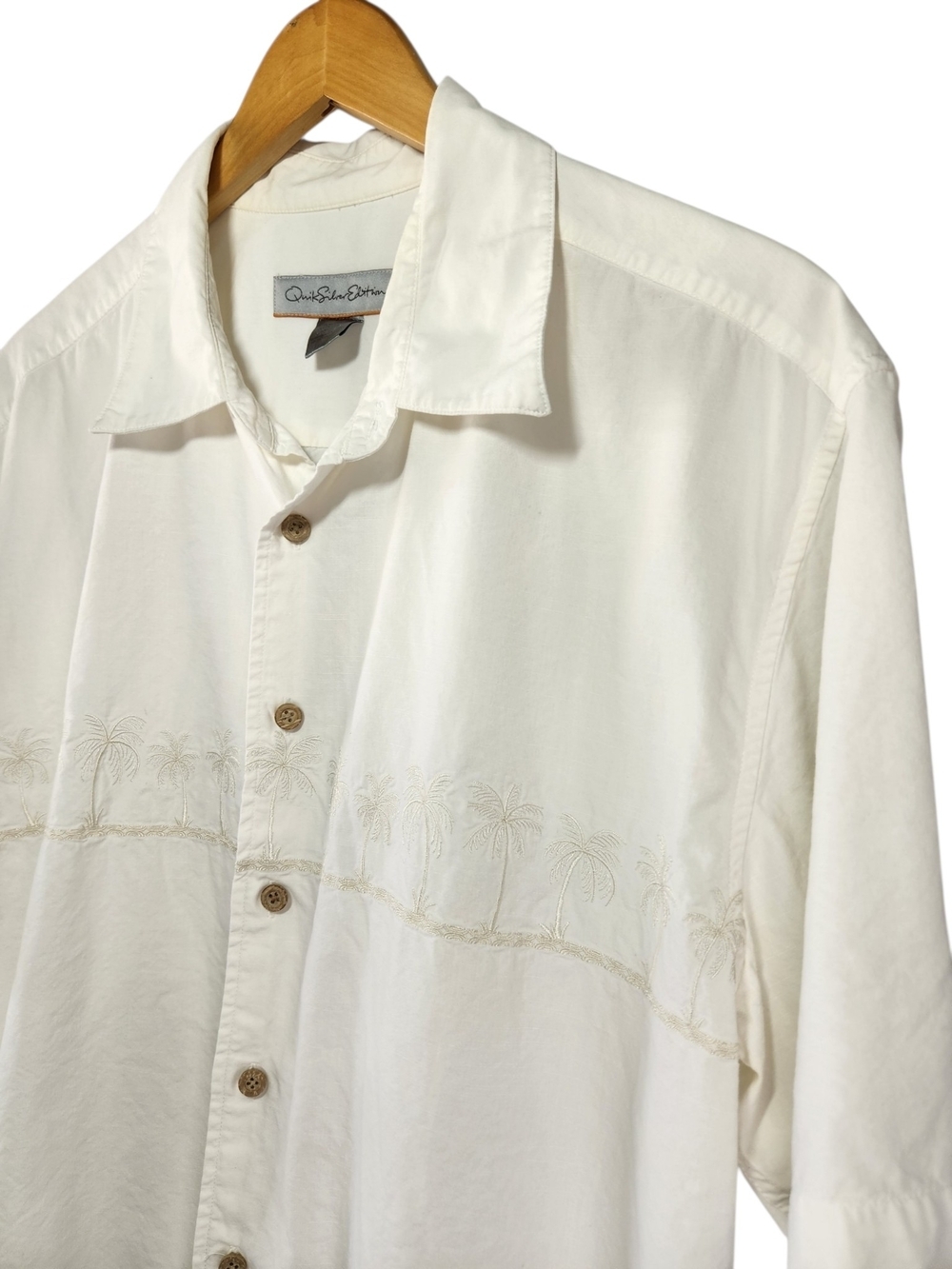 Quiksilver Edition White Resort Shirt Men's Large Palm Tree Embroidered Aloha - Picture 2 of 13